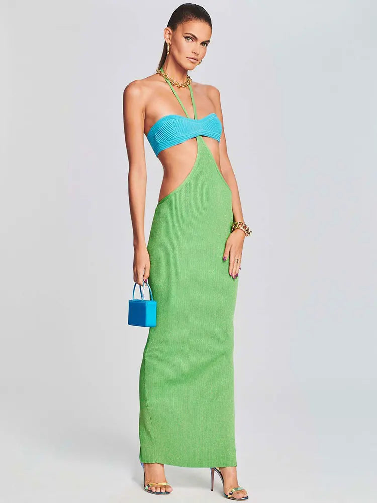 GACVGA Halter Knitted Long Dress Women Sleeveless Y2K Summer Beach Backless Lady Sexy Bodycon Dresses Vestidos