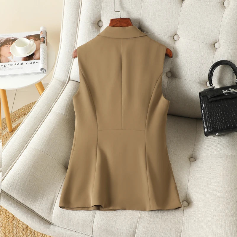 Khaki Color Slim Fit Suit Vest for Women's Spring and Autumn Top Coat Workplace Temperament Appears Slim