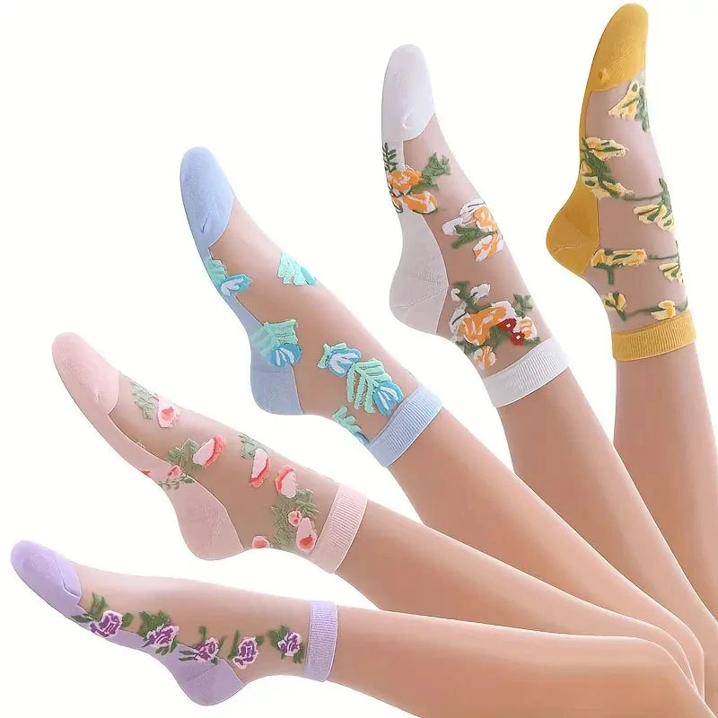 5 Pairs of Vibrant Floral Embroidery Socks - Soft, Lightweight, Breathable, and Sheer Mid Tube Design - Machine Washable, Womens
