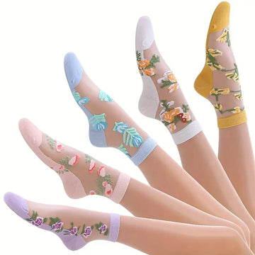 5 Pairs of Vibrant Floral Embroidery Socks - Soft, Lightweight, Breathable, and Sheer Mid Tube Design - Machine Washable, Womens
