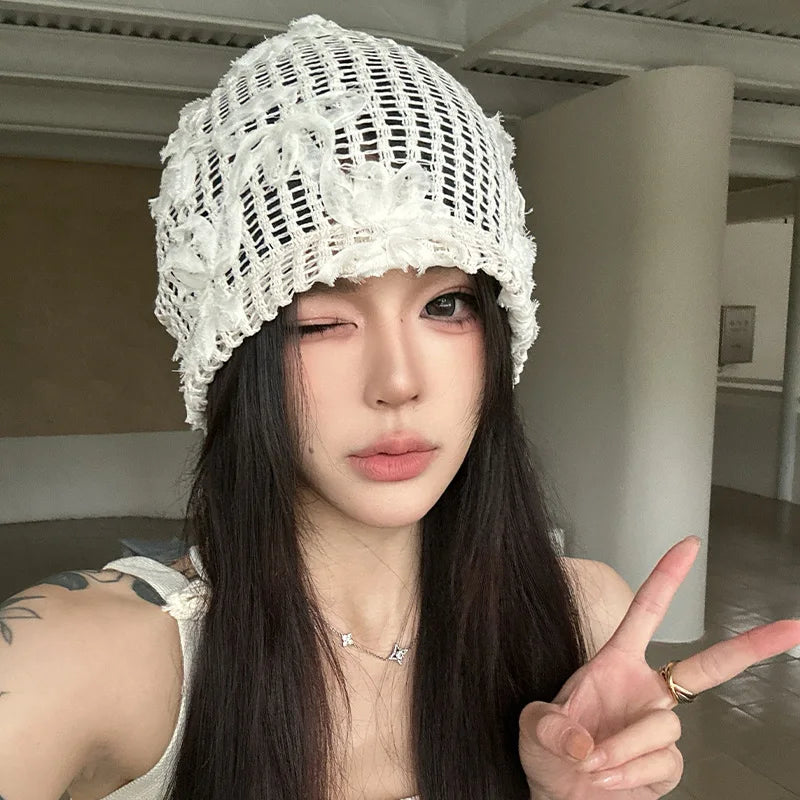 Spring Summer New Korean Crochet Pullover Hats Women Outdoor Travel Fashionable Versatile Sweet Hollow Breathable Beanies Cap