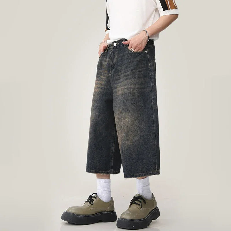 Summer Men Capri Short Jeans Male Fashion Retro Blue Denim Mid Pants Korean Casual Baggy Straight Wide Leg Calf Length Pants
