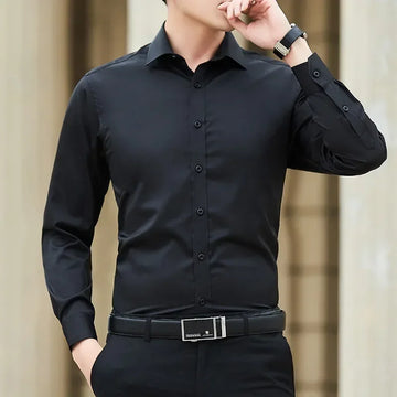 Formal Business Men's Slim Long-sleeved Shirt Solid Color Office Dress Shirts Male Autumn Clothes Black White Pink Blue