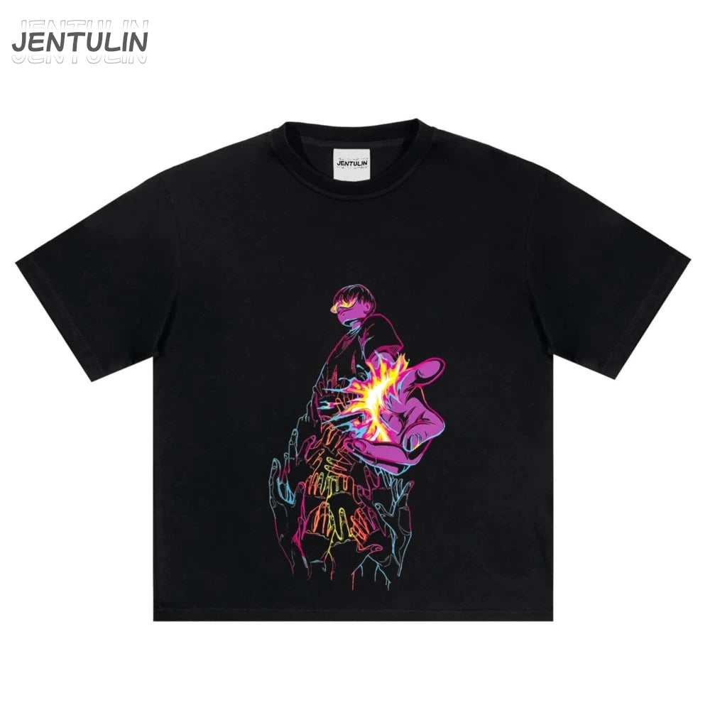 Oversize Streetwear Men Clothing Iskra Cartoon Graphic Print Harajuku Short Sleeve Top Tee Hip Hop Korean Goth Tshirt Cotton Y2k
