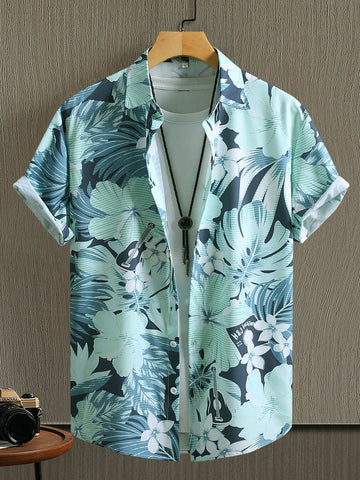 Tropical Botanical Men's Shirt – Vibrant Hawaiian Short Sleeve Button-Up with Exotic Leaf & Flower Prints for Island Getaways
