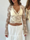 Women's Lace Crop Tops Casual Long Sleeve Deep V Neck Cross Wrap T-Shirts Basic Blouses - OneLoveCanada