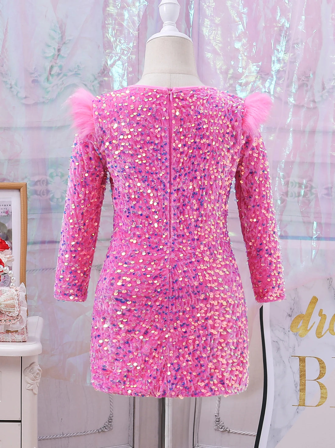 Cute and stylish girls ceremonial dress pink round-neck sequined dresses for spring and fallCute and stylish girls ceremonial dr